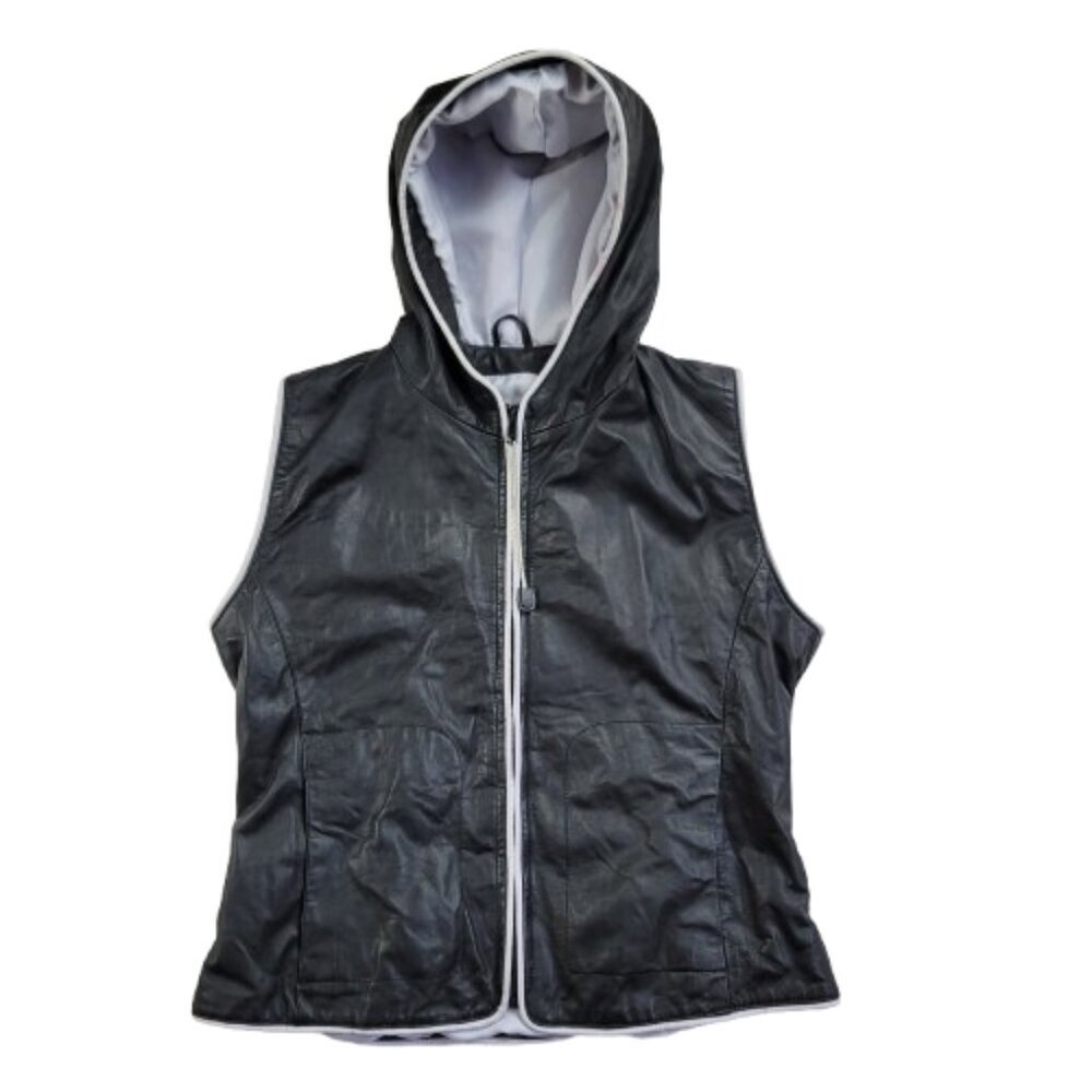 Wilson Leather Maxima Hooded Vest Women's Small Black Zip Faux Leather Jacket